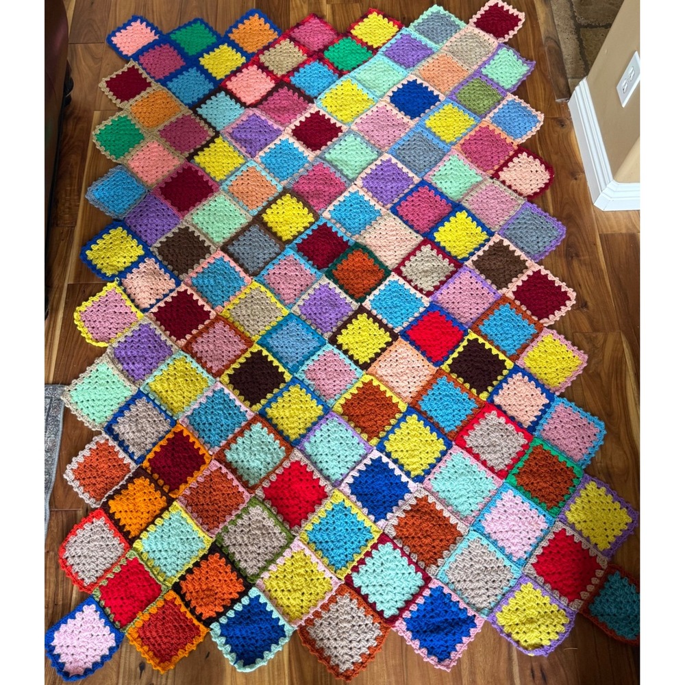 Vtg Handmade Crochet Granny Square Blanket Multicolor Boho Patchwork Throw 76x52